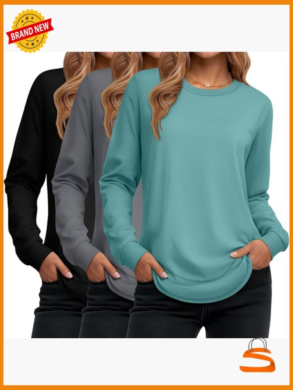 3 Pack Women's Long Sleeve Tees, Cotton Crew Neck Tunic Tops, Loose Fit Pullover